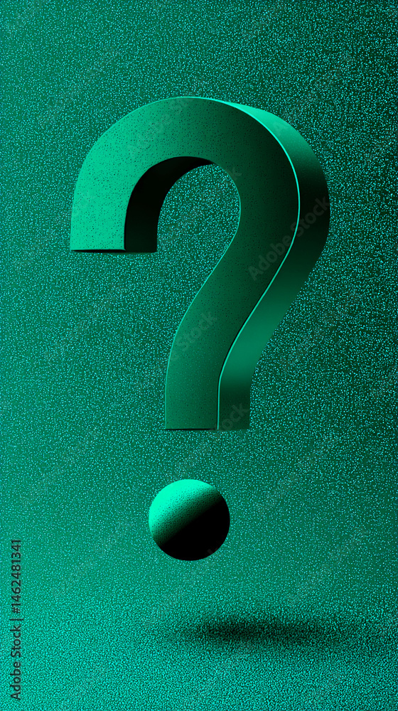 Poster Green textured background with a 3D question mark and a sphere below, suggesting inquiry, uncertainty, or a need for answers