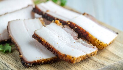 Delicious Crispy Sliced Pork Belly on Wooden Board Close Up Photography