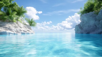Tropical paradise. Calm ocean, white cliffs, lush vegetation