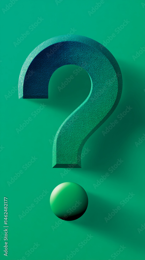 Aufkleber Textured green question mark with a small sphere below, set against a solid green background, symbolizing inquiry, problem-solving, or FAQ concepts.  Free space available