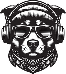 Cool Dog with Headphones, Sunglasses, and Beanie - Black and White Hipster Animal Illustration