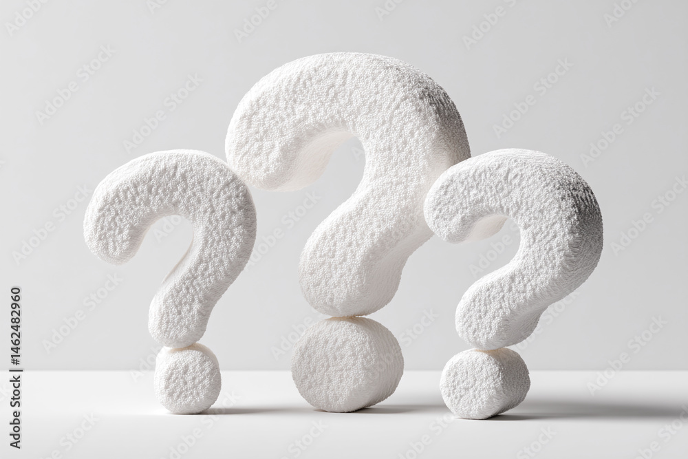 Poster Three textured white question marks stand on small round bases, creating a minimal and intriguing composition symbolizing curiosity, inquiry, or uncertainty