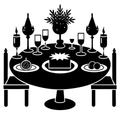 A vector illustration set design features icons of food, including cake, cream, ice, and drink, for table settings at a dinner or party