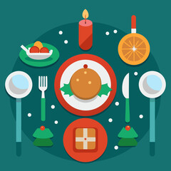 A festive holiday illustration shows a cartoon Christmas tree with colorful balls and gifts, a joyful celebration design