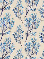 Seamless pattern with tree branches and leaves for surface design and other design projects. modern trend drawing in line art style. Delicate small leaves in watercolor style