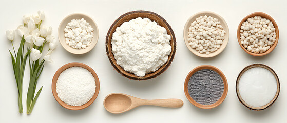 A collection of natural ingredients like coconut products and other items are arranged on a white surface for healthy cooking or baking. Use for recipes.