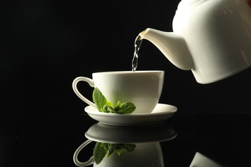 Pouring freshly brewed tea from teapot into cup at dark mirror table, closeup