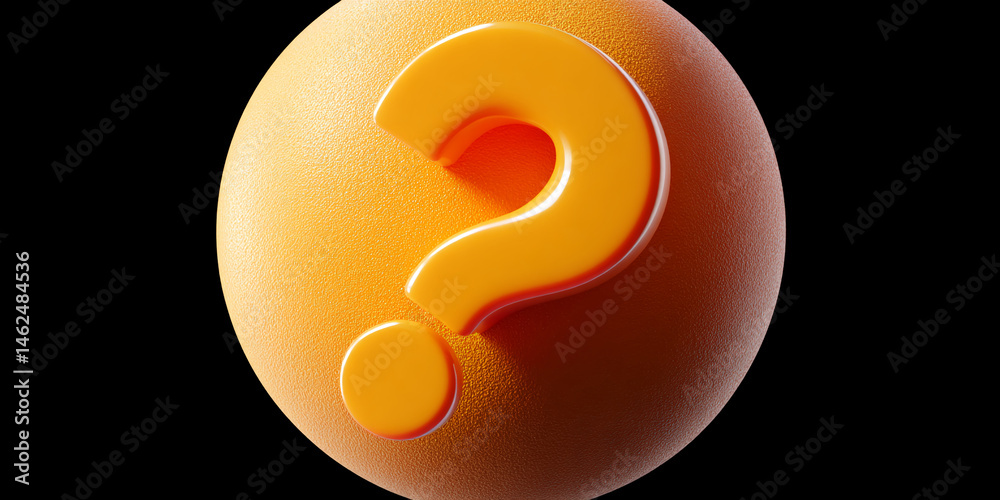 Poster Orange sphere with textured surface and a three-dimensional question mark, symbolizing inquiry, uncertainty, or the need for answers