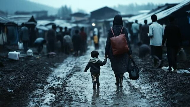 Rear view of a mother and child navigating the muddy roads of a refugee settlement, surrounded by groups of people, evoking the challenges faced by displaced families