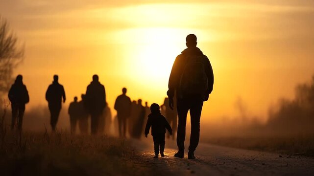 Silhouettes of refugees, including a mother and child, moving along a desolate road in search of safety, their backs turned to the camera, showcasing the scale of migration