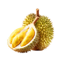 Obraz premium The pungent durian fruit, cut open to reveal its creamy yellow segments, sits against a bright white background, tempting adventurous palates worldwide.