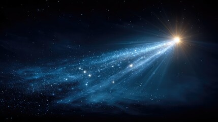A bright comet streaks through a starry night sky, leaving a trail of cosmic dust.