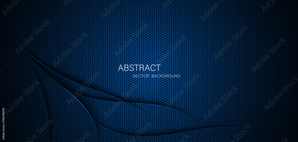 Poster Abstract blue steel mesh background with blue glowing lines with free space for design. Modern technology innovation concept background. Perforated dark blue metal sheet for background image.	