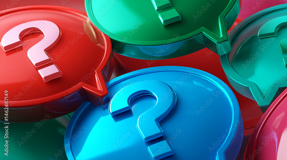 Poster Colorful glossy question marks on speech bubbles, representing inquiries, questions, or FAQs, suitable for help sections or interactive content