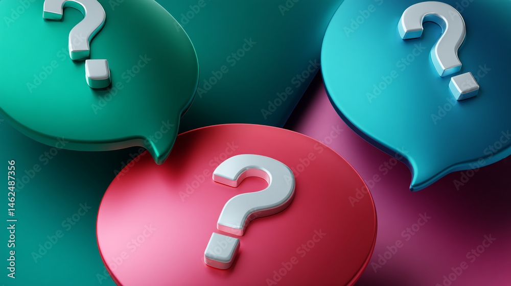 Poster abstract image of colorful speech bubbles with white question marks, representing inquiry, questions