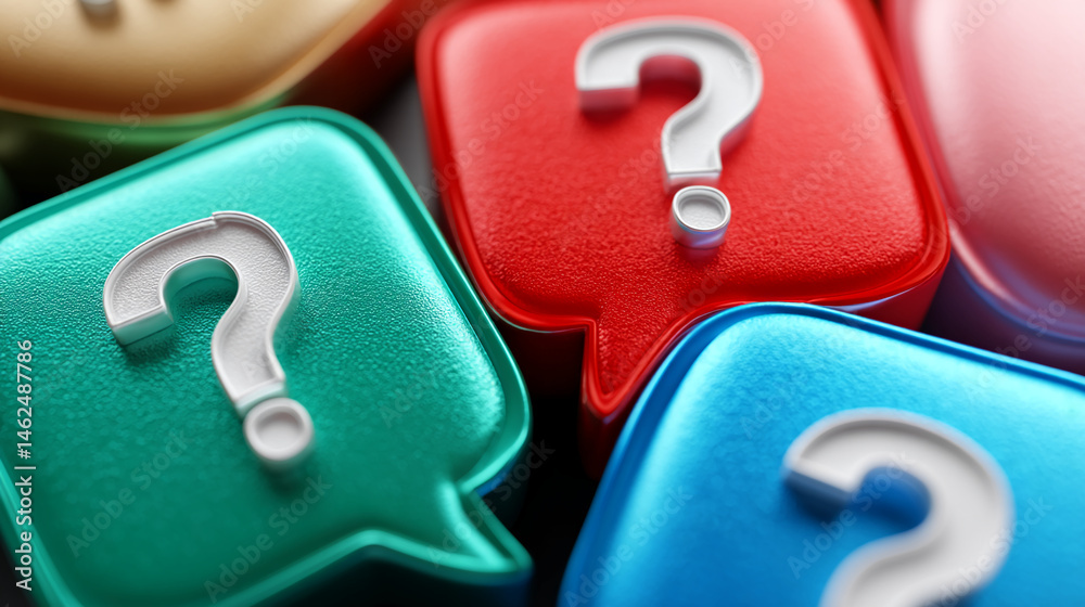 Aufkleber colorful speech bubbles with embossed question marks, showcasing a concept of faq, questions, answer