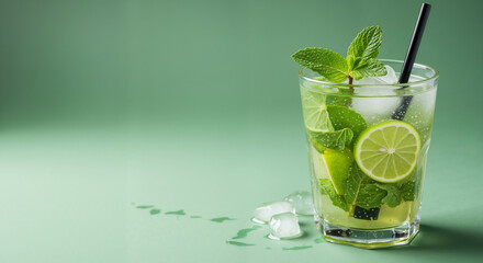 Mojito cocktail with lime slices, mint leaves and ice cubes on green background. Refreshing alcoholic drink for summer parties, bar menus and seasonal promotions
