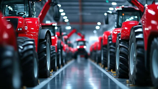 Factory floor with rows of assembled red tractors, robotic arms in background finishing final details in high-tech production environment