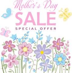 Sale special offer gift card modern floral design with wild flowers bouquet, birds butterfly pattern, pink ribbon yellow wreath Holiday Birthday Anniversary invitation Mother's Day banner for mom set