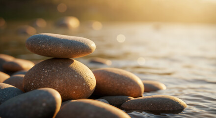Balanced stack of smooth stones on beach shore with golden sunlight and water background. Zen harmony concept for spa services, wellness retreats and mindfulness practice promotion