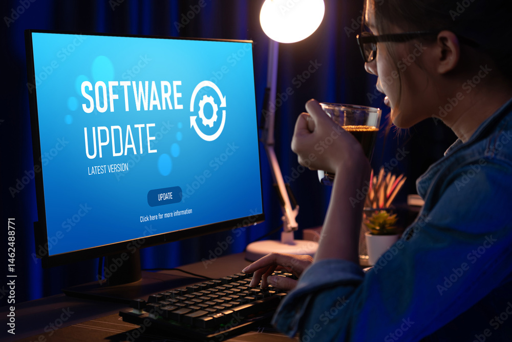 Poster software update on computer for brisk version of device software upgrade