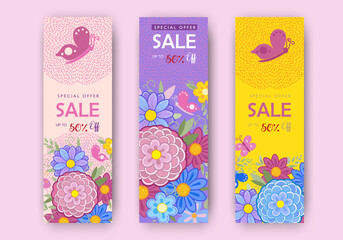 Sale special offer gift card modern floral design with wild flowers bouquet, birds butterfly pattern, pink ribbon yellow wreath Holiday Birthday Anniversary invitation Mother's Day banner for mom set