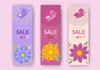 Sale special offer gift card modern floral design with wild flowers bouquet, birds butterfly pattern, pink ribbon yellow wreath Holiday Birthday Anniversary invitation Mother's Day banner for mom set
