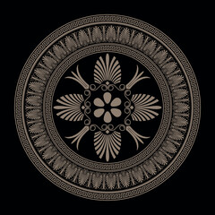 Gold Greek vector round pattern on black background. Greek key meanders ornaments. Circle of Ancient Greece,  Roman Empire. Byzantine painting pattern. Decoration for European palaces, ceramic, textil