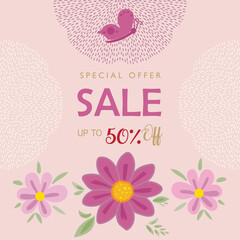 Sale special offer gift card modern floral design with wild flowers bouquet, birds butterfly pattern, pink ribbon yellow wreath Holiday Birthday Anniversary invitation Mother's Day banner for mom set