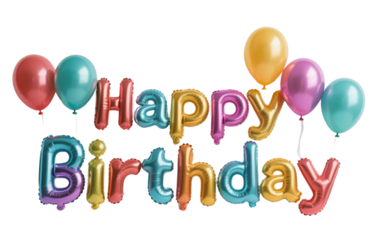 Balloon shaped  Happy Birthday typography in vibrant colors, perfect for a celebration background with cake and balloons.

