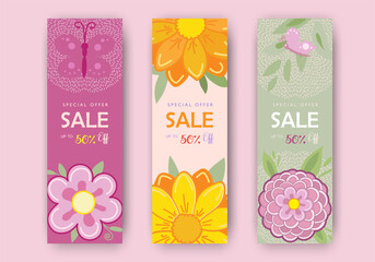Sale special offer gift card modern floral design with wild flowers bouquet, birds butterfly pattern, pink ribbon yellow wreath Holiday Birthday Anniversary invitation Mother's Day banner for mom set