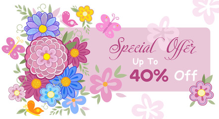 Sale special offer gift card modern floral design with wild flowers bouquet, birds butterfly pattern, pink ribbon yellow wreath Holiday Birthday Anniversary invitation Mother's Day banner for mom set