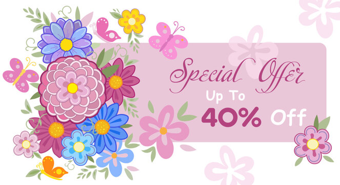 Sale special offer gift card modern floral design with wild flowers bouquet, birds butterfly pattern, pink ribbon yellow wreath Holiday Birthday Anniversary invitation Mother's Day banner for mom set - Powered by Adobe