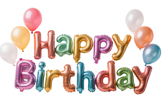 Balloon shaped  Happy Birthday typography in vibrant colors, perfect for a celebration background with cake and balloons.

