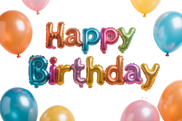 Balloon shaped Happy Birthday typography in vibrant colors, perfect for a celebration background with cake and balloons.
