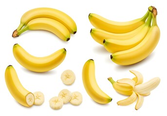 Fresh Yellow Bananas Fruit Slices Bundle Isolated White Background Food Sweet Snack Photo Nature