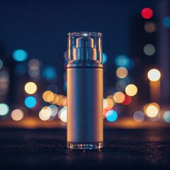 Cosmetic airless pump bottle with colorful city night bokeh background