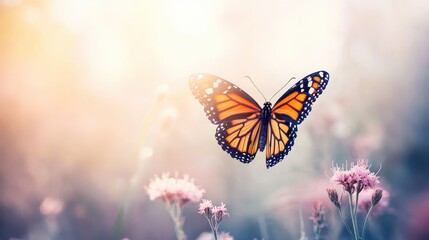 Fototapeta premium A beautiful monarch butterfly in a field of flowers.