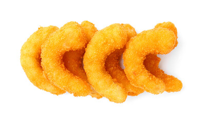 Many tasty tempura shrimps isolated on white, top view