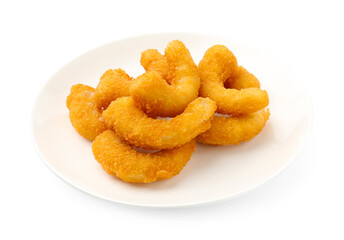 Many tasty tempura shrimps isolated on white