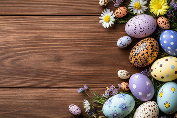 Obraz premium Vibrant spring flower wreath with colorful Easter eggs arranged on rustic wood background
