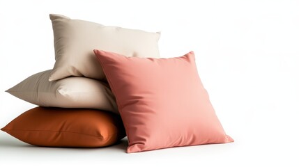 A cozy arrangement of soft pillows in neutral and coral tones, highlighting comfort and inviting warmth perfect for any living space or bedroom decor theme.