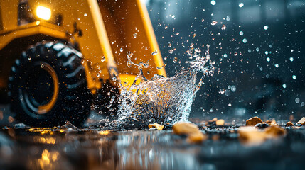 An action shot of a construction vehicle creating a water splash. Capturing the dynamic interplay of water light and machinery. Great for advertisements.