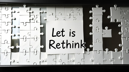 On white puzzles there is an inscription - Let is Rethink. Financial graph in the window among the puzzles