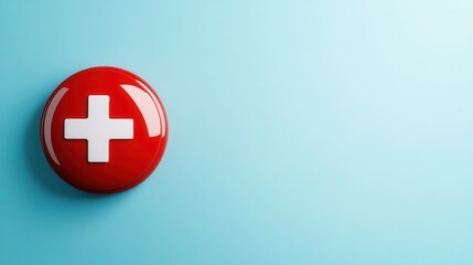Obraz premium A bold red medical symbol button with a white cross on a soothing aqua background, representing health, care, and emergency services in a modern context.