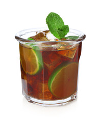 Tasty Cuba Libre cocktail in glass isolated on white