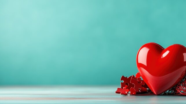 A bright red heart sits alongside colorful puzzle pieces, symbolizing love and connection, set against a soft turquoise background that enhances feelings of warmth.