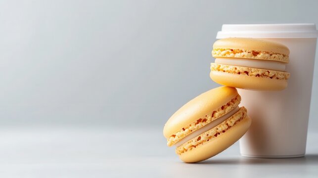 This image features two beautiful yellow macarons artfully leaning against a white coffee cup, creating an inviting and stylish dessert scene perfect for food lovers.