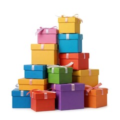 Obraz premium Stack of colorful gift boxes with ribbons on white background
