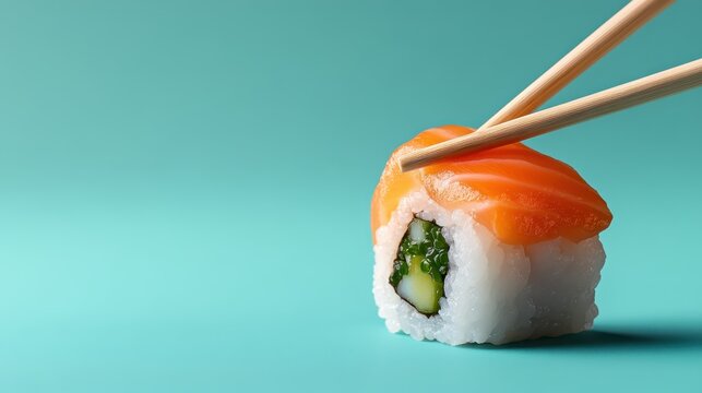 A beautifully arranged sushi piece topped with salmon, featuring a vibrant cucumber filling that highlights the art of sushi-making and culinary excellence.